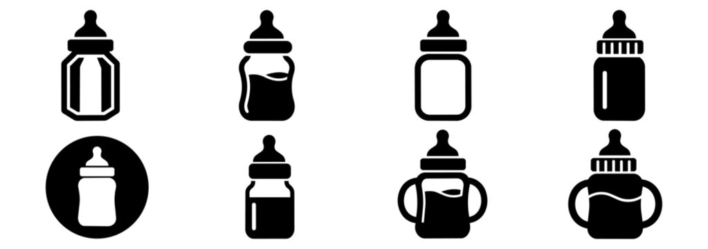Baby bottle silhouette and outline icon set for childcare