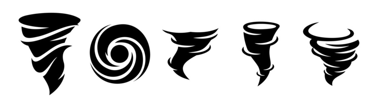Tornado silhouette icon set of swirling storms and cyclones