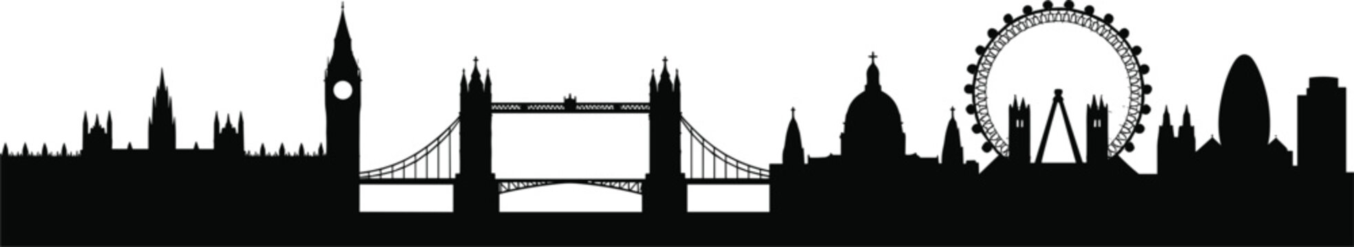 Black silhouette skyline of london landmarks including big ben, tower bridge, st paul's cathedral, london eye, and modern buildings