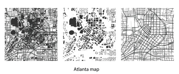 Obraz premium Atlanta city map vector set with building footprints, street roads, and urban grid layout.