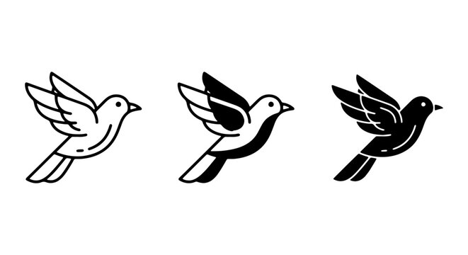 Flying bird icon set, minimalist black and white avian symbols, simple bird vector graphics