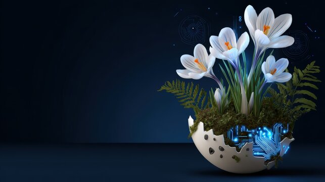 White crocus flowers grow from a cracked eggshell integrated with glowing electronic circuits against a dark background.