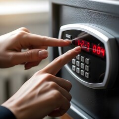 Obraz premium Person Entering PIN Code on Digital Keypad of Modern Metal Security Safe Box