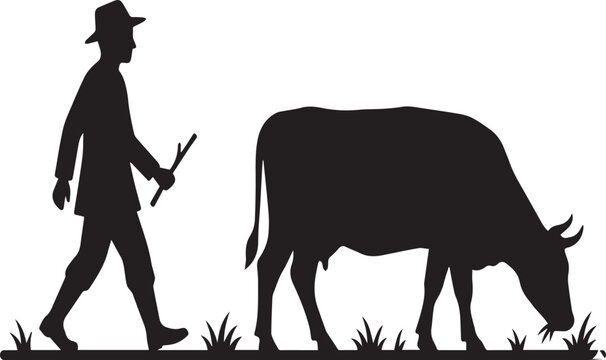 Farm Life Cattle and Farmer Walking Silhouettes