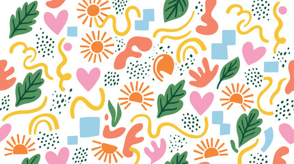 Abstract Seamless Pattern with Floral Leaves Hearts Suns and Organic Shapes in Modern Scandinavian Style Vector Background Design © Md