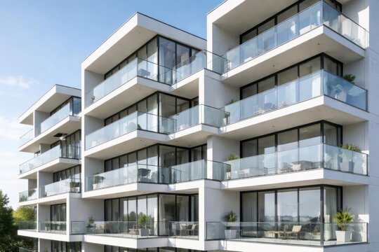 Edificio de apartamentos urbanos modernos con balcones de vidrio transparente y una fachada de composici&oacute;n geom&eacute;trica definida