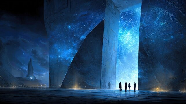 Silhouetted figures stand before a colossal glowing portal in a futuristic landscape.