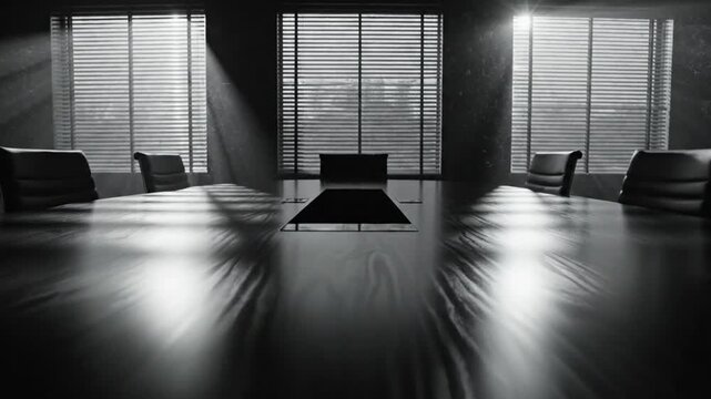 Empty boardroom in black and white with dramatic lighting, conference table and chairs in an executive space