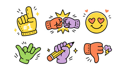 Fototapeta premium Vectorizable doodle style hand gesture sticker set with emoji icons