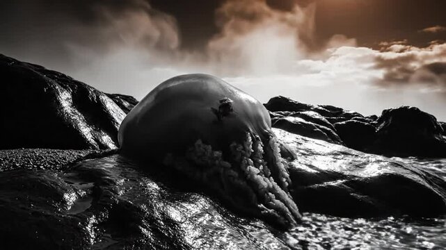 Monochromatic jellyfish beached on a rocky shoreline under a moody, overcast sky with subtle light.