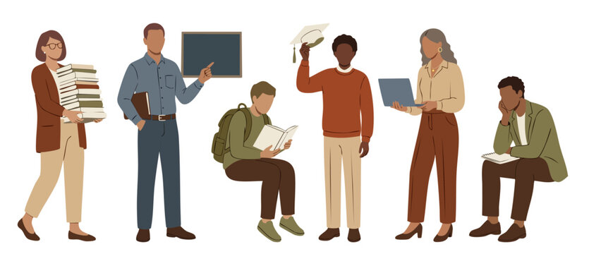 Diverse Students and Teachers Studying Education Set, Flat Vector Illustration of School and University Characters, Academic Learning, Reading Books, Using Laptop and Graduation Cap, Professional Styl