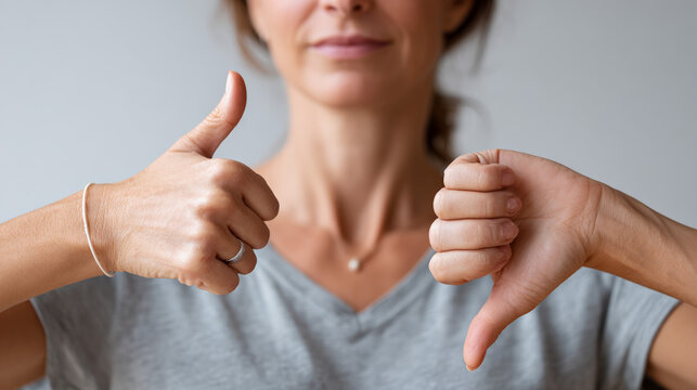 Woman showing thumbs up and thumbs down in neutral interior