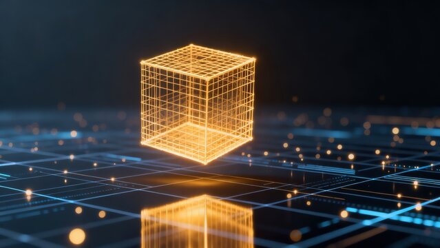 Golden wireframe cube on digital grid