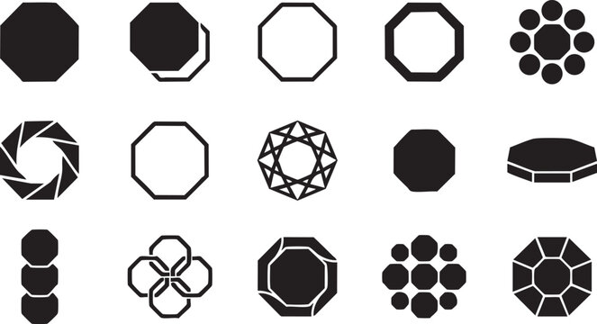 Geometric octagon shapes and octagonal frame icons for branding identity and logo design elements.