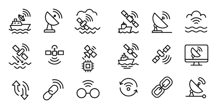 Satellite icons with dish ship orbit outline