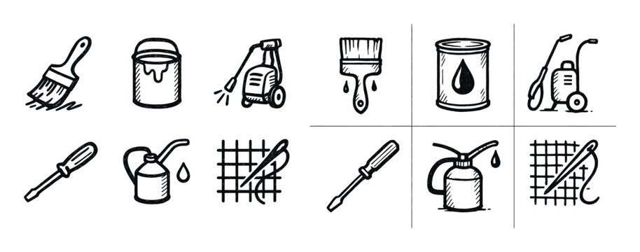 Painting icons with brush and paint can sketch outline