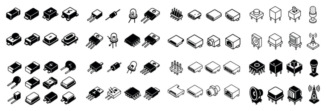 Electronics icons with chip diode transistor outline