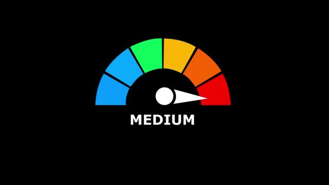 Gauge meter with a white needle pointing to the medium level on a segmented color scale against a black background