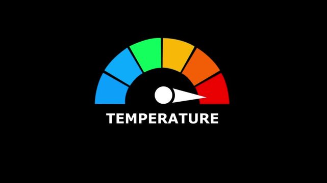 Temperature level gauge with a white needle pointing towards the red zone on a black background for thermal monitoring