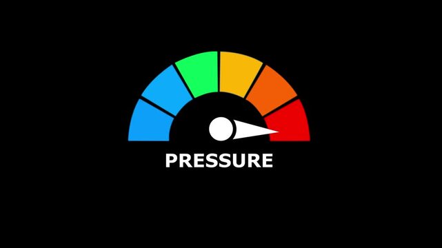 Pressure level indicator gauge with a white needle pointing towards the red zone on a black background for industrial use