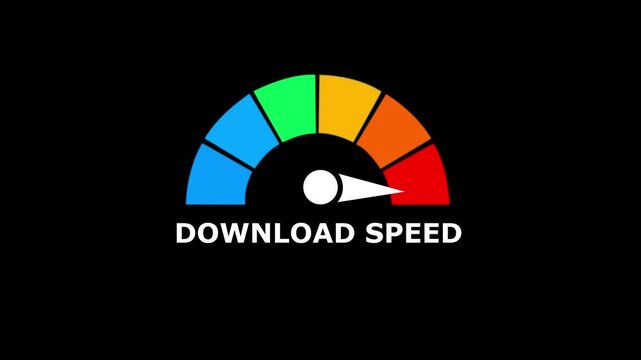 A graphical speedometer showing download speed with a colorful gauge on a black background representing internet connection performance