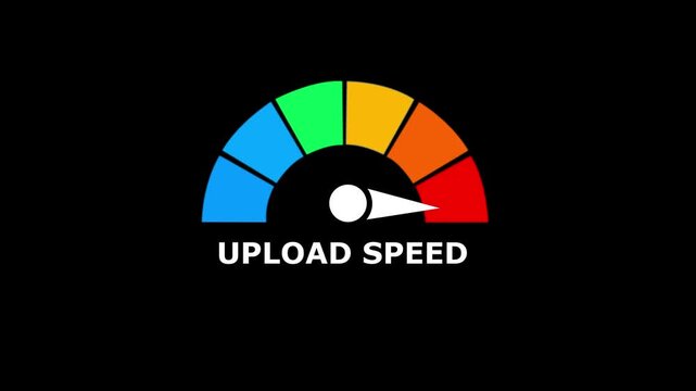 A graphical speedometer showing upload speed with a colorful gauge on a black background representing internet connection performance