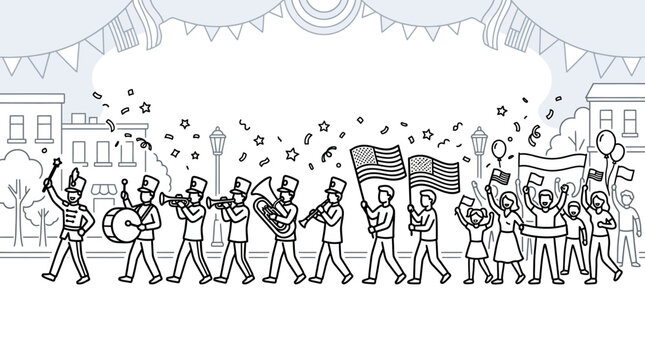 A festive parade marching band with musicians and flag bearers.