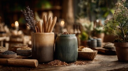 Fototapeta premium Rustic Herbal Workshop With Wooden Tools And Dried Botanicals. Generative AI