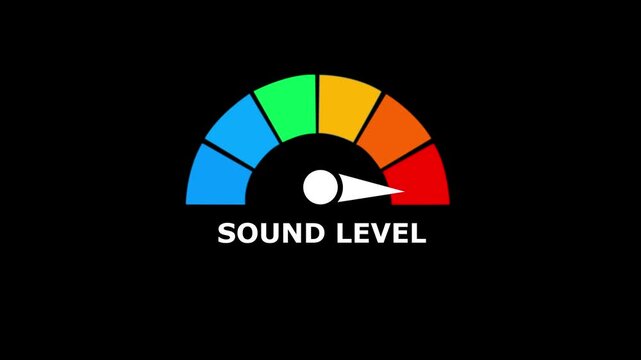 Sound level gauge with a colorful semicircle meter and a white needle pointing to the red zone on a solid black background