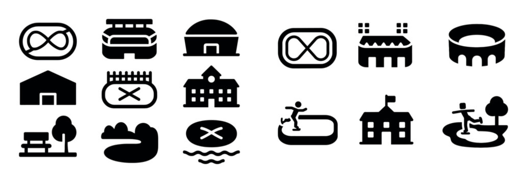 Park icons with stadium bench and track solid glyph