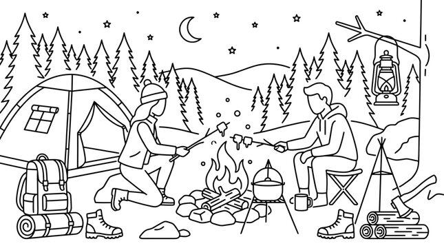 A man and a woman camping and roasting marshmallows over a campfire.