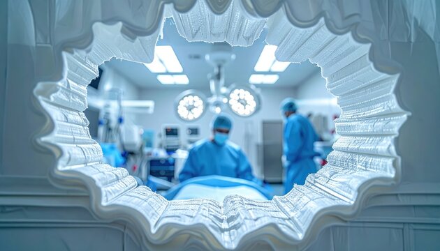Sterile surgical drape with central fenestration viewing a blurred hospital operating room with medical staff, providing a cinematic professional perspective for modern clinical healthcare contexts.