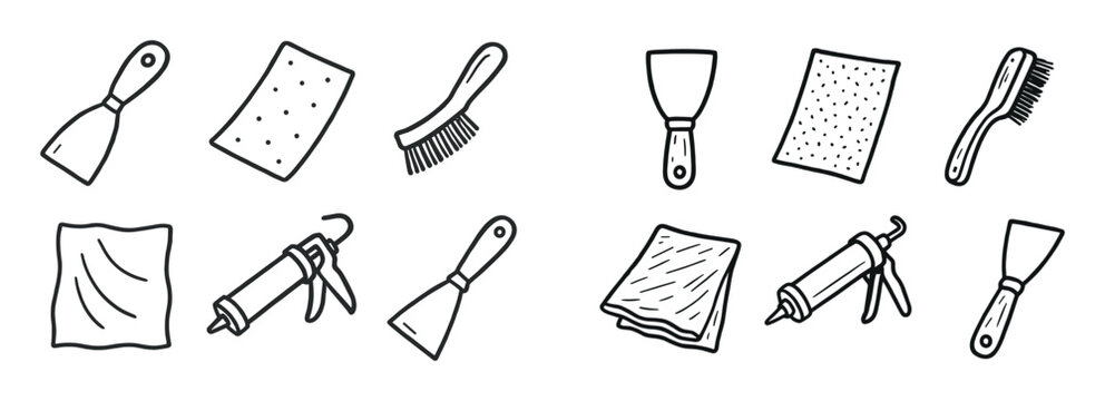 Home repair icons with scraper sponge brush outline