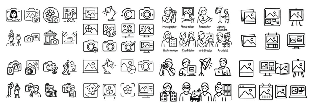 Photography icons with camera tripod portrait outline