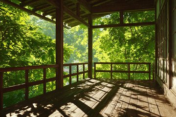 Fototapeta premium Traditional Japanese balcony veranda overlooking bright green foliage