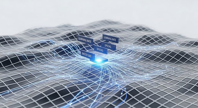 Digital terrain mesh features a glowing central processor emitting network connection with floating metadata tags in a clean studio. Ideal for technology branding.