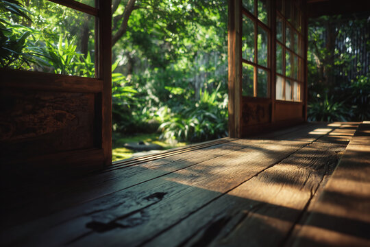 Open sliding door and veranda of traditional Japanese house at garden