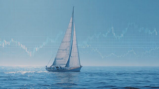 Sailboat on misty ocean with graph overlay, calm blue palette, soft light, subtle waves, singlemast vessel cutting through haze, faint stock market lines projected across sky, contemplative mood,