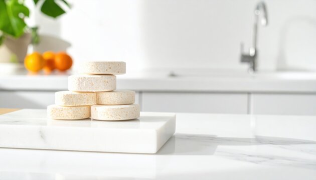 A stacked pile of round effervescent vitamin tablets resting on a sleek white marble surface in a bright, modern kitchen setting, emphasizing health, wellness, and daily supplementation routines.