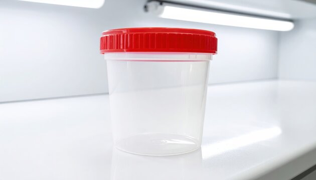 Transparent plastic specimen container with a bright red screw lid, perfectly clear design for medical analysis and scientific laboratory testing in a clinical widescreen setting.