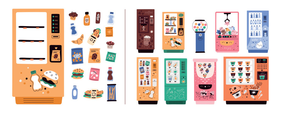 Vending machines selling snacks. Fastfood purchase. Water bottle, sweets and toys. Gashapon automat. Electronic devices with food and beverages. Automatic retail equipment vector set