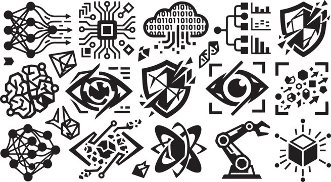Seamless pattern of black geometric shapes and symbols