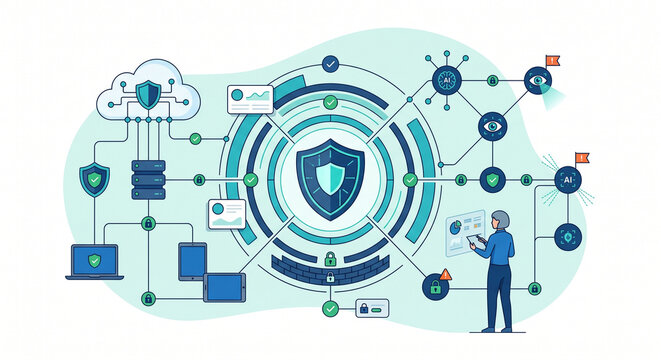 Cybersecurity Protection Network Flat Illustration &ndash; Secure Digital Infrastructure System