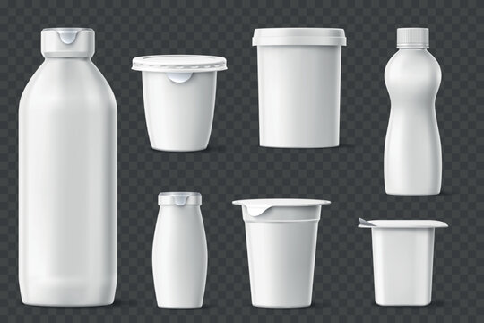 Realistic yogurt packaging. 3D blank mockups of plastic containers for dairy products and desserts. Various sizes and shapes. Closed bottles. Yoghurt pot side view. Vector packages set