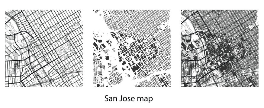 San Jose City Map Vector Art with Urban Road Network Building Footprints and Downtown Infrastructure