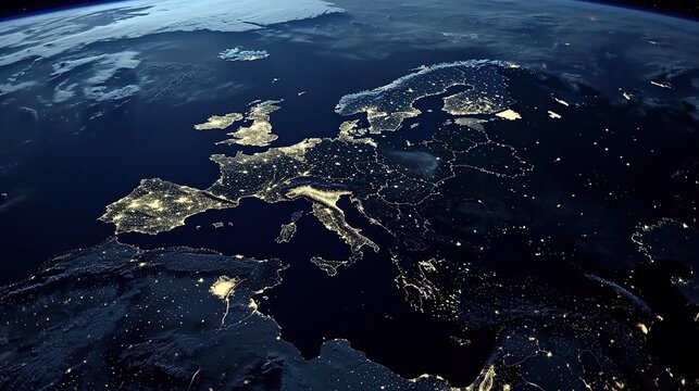 An Approximate High Altitude Satellite View of Europe at Night Showing City Lights Across Coastlines