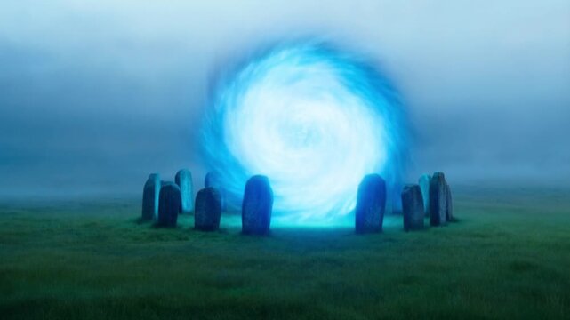 Swirling vortex of light opens between ancient standing stones in foggy field. Epic fantasy interdimensional portal on Walpurgis Night.