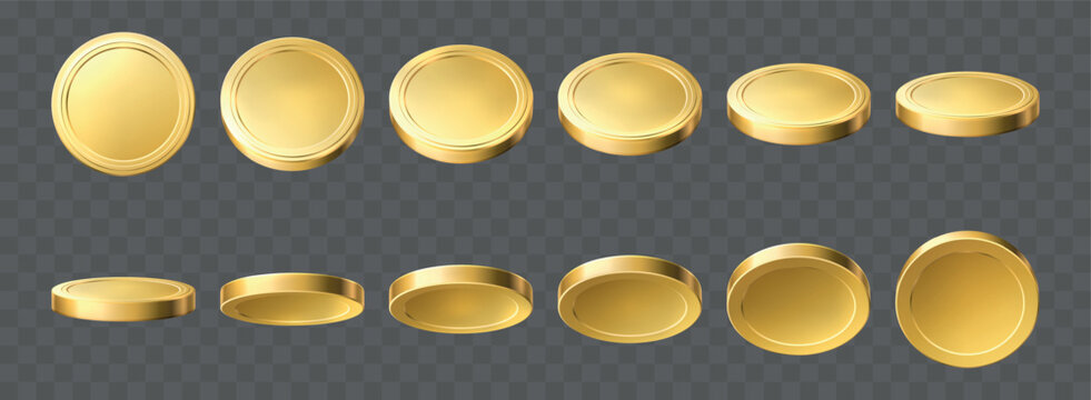 Realistic shiny gold coins. Spinning money on transparent background. Metal dollar flipping. Golden token turn animation process. Currency in different positions. Vector financial set