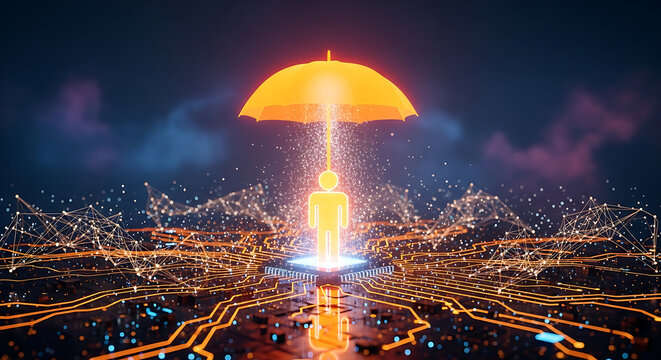 Glowing orange human silhouette standing on a circuit board protected by a bright umbrella representing digital security and data privacy protection