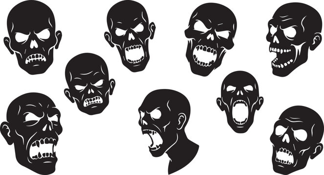Scary Zombie and Skull Silhouette Head Icon Set